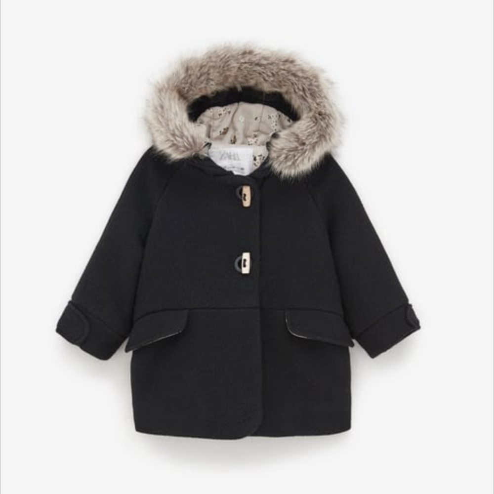 Zara Baby DUFFEL COAT WITH FAUX FUR TRIM 9-12 months Black